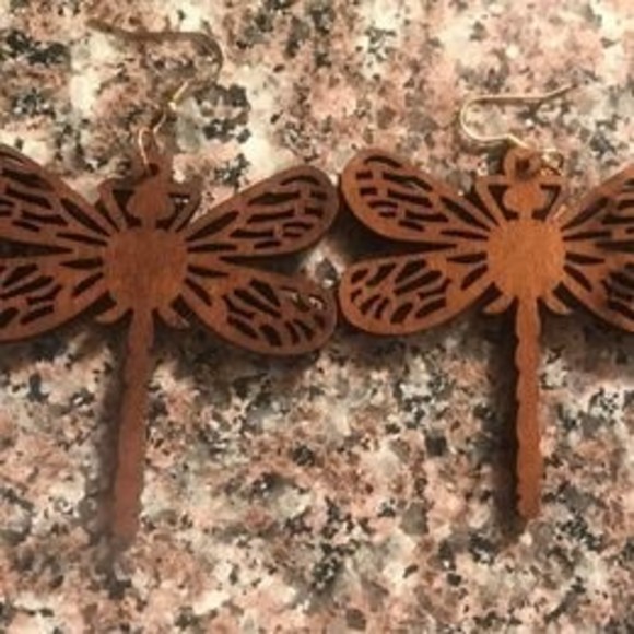 Large Wooden Carved Dragonfly Earrings With Gold Hooks - Picture 2 of 2